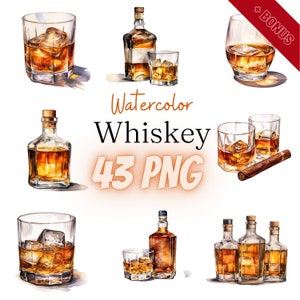 Aquarelle Whisky Cliparts Bundle, PNG, 43 illustrations, whisky, bouteille de whisky, cigare, 300 dpi, transparent, numérique, utilisation commerciale