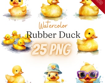 Watercolor Rubber Duck Cliparts Bundle, PNG, 25 illustrations, rubber duck, bath tub, cute, 300 dpi, transparent, digital, commercial use