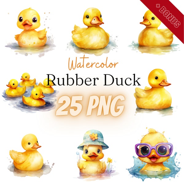 Watercolor Rubber Duck Cliparts Bundle, PNG, 25 illustrations, rubber duck, bath tub, cute, 300 dpi, transparent, digital, commercial use