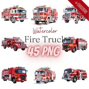 Aquarelle Fire Truck Cliparts Bundle, PNG, 45 illustrations, 300 dpi, camion de pompiers moderne, vieux camion, transparent, numérique, utilisation commerciale