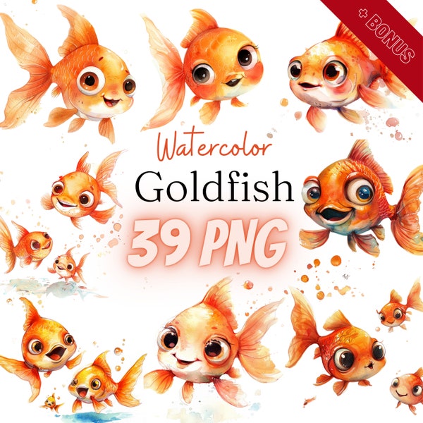 Watercolor Goldfish Cliparts Bundle, 39 PNG, watercolor goldfish, goldfish, fish illustration, 300dpi, aquarium clipart, golden fish