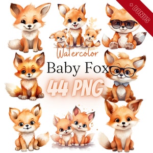 Watercolor Baby Fox Cliparts Bundle, PNG, 44 illustrations, little animal, cute, adorable, 300 dpi, transparent, digital, commercial use