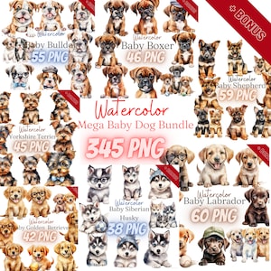 Lot de cliparts aquarelle méga bébé chien, 345 PNG, bouledogue, boxeur, berger, yorkshire terrier, labrador, husky, golden retriever, 300 ppp