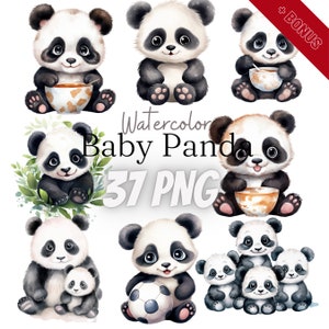 Paquete de imágenes prediseñadas de panda bebé acuarela, 37 PNG, panda de acuarela, cachorro de panda, imágenes prediseñadas de vivero de vida silvestre, animal bebé, bambú, panda, 300 ppp