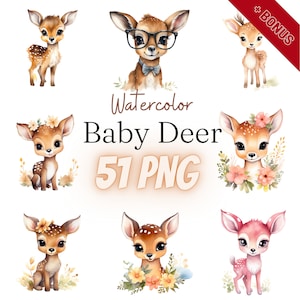 Aquarelle Baby Deer Cliparts Bundle, PNG, 51 illustrations, animal de la forêt, mignon, petit, 300 dpi, transparent, numérique, utilisation commerciale