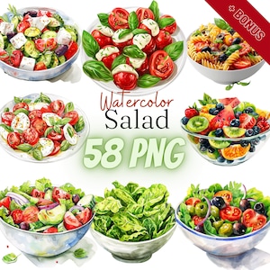 Aquarell Kräutersalat Bundle, 58 PNG, Kaisersalat, Caprese, Hühnersalat, Obstsalat, griechischer Salat, Kopfsalat, Nudelsalat, Thunfisch, 300 dpi