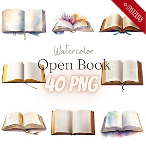 Aquarel open boek cliparts bundel, PNG, 40 illustraties, boek, lege pagina's, leeg boek, 300 dpi, transparant, digitaal, commercieel gebruik