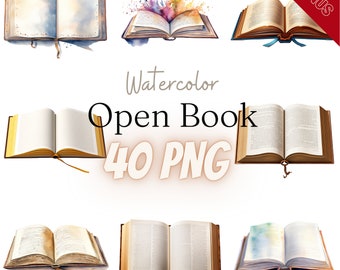 Aquarelle Open Book Cliparts Bundle, PNG, 40 illustrations, livre, pages vides, livre vide, 300 dpi, transparent, numérique, utilisation commerciale