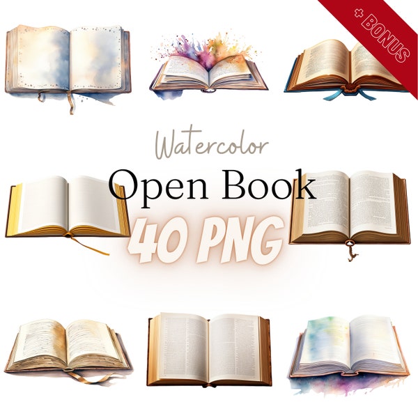 Aquarel open boek cliparts bundel, PNG, 40 illustraties, boek, lege pagina's, leeg boek, 300 dpi, transparant, digitaal, commercieel gebruik