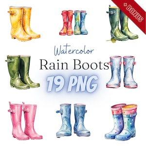 Aquarelle Rain Boot Cliparts Bundle, PNG, 19 illustrations, bottes de pluie, chaussures de gomme, chaussure, botte, 300dpi, transparent, numérique, utilisation commerciale