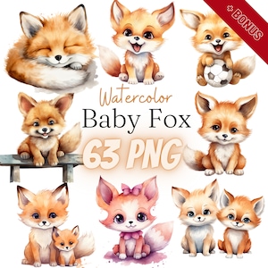 Paquete de imágenes prediseñadas de acuarela Baby Fox, 63 PNG, 300 ppp, zorro bebé, cachorro de zorro, zorro de dibujos animados, animal bebé, transparente, digital, uso comercial
