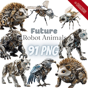 Futuristic Robot Animal Cliparts Bundle, PNG, 91 illustrations, animal cyborg, hérisson, mouche, 300 dpi, transparent, numérique, utilisation commerciale