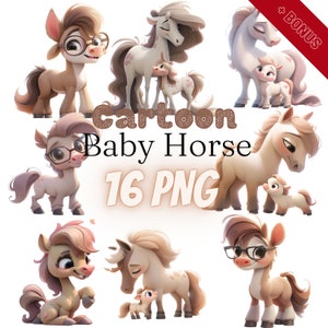 Cartoon Baby Horse Cliparts Bundle, PNG, 16 illustrations, baby horse and mother, watercolor, 300 dpi, transparent, digital, commercial use