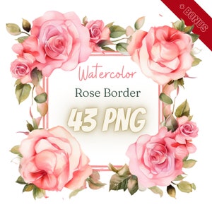 May include: Watercolour illustration of a pink rose border with 43 PNG files. The roses are arranged in a square frame with green leaves and stems.