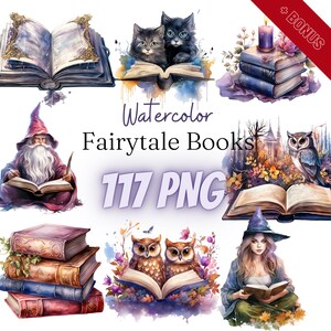 Watercolor Fairytale Book Cliparts Bundle, PNG, 117 illustrations, Fairytale, book, mystic book, 300 dpi, transparent, digital, commercial