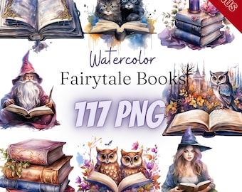 Aquarel sprookjesboek cliparts bundel, PNG, 117 illustraties, sprookjes, boek, mystiek boek, 300 dpi, transparant, digitaal, commercieel