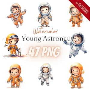 Aquarell Astronaut Cliparts Bundle, PNG, 47 Illustrationen, Astronaut, Weltraum, Kind, 300 dpi, transparent, digital, kommerzielle Nutzung