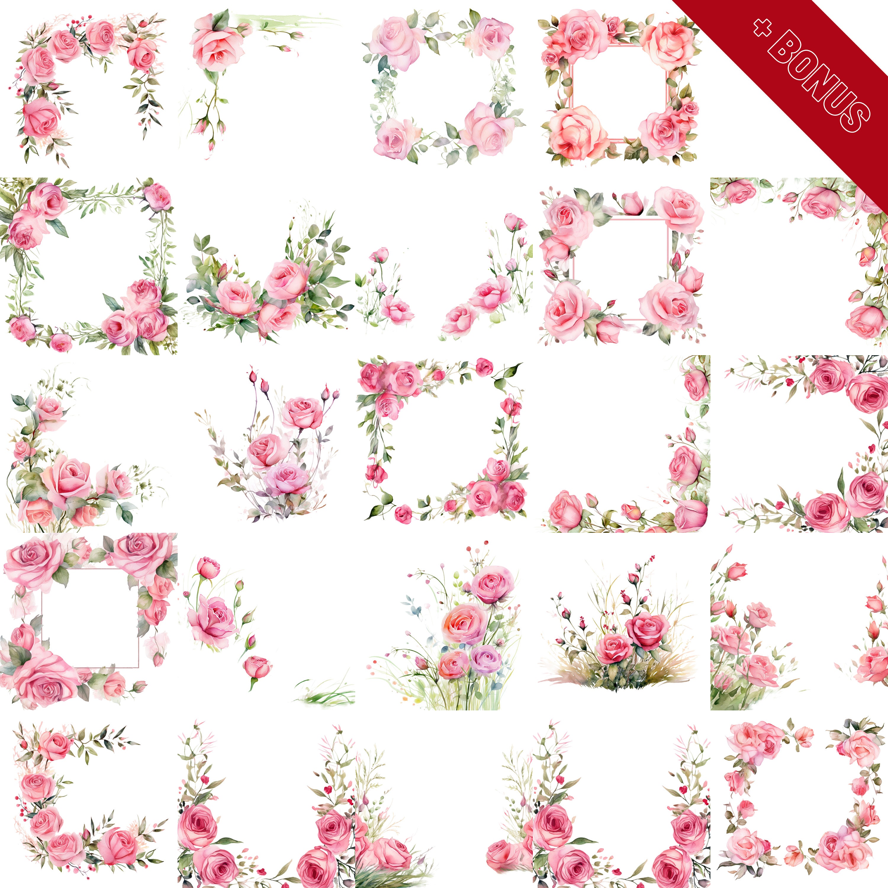 Watercolor Rose Border Cliparts Bundle, 43 Borders, Rose Corner, Rose ...