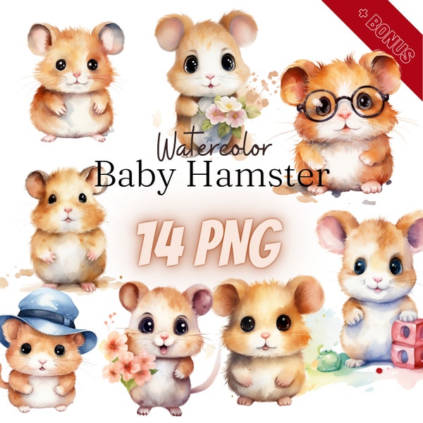 Watercolor Baby Hamster Cliparts Bundle, PNG, 14 illustrations, baby, tiny animal, cute, 300 dpi, transparent, digital, commercial use