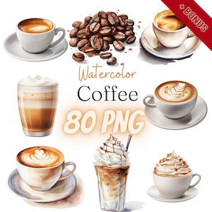 Aquarell Kaffee Cliparts Bündel, 80 PNG, Espresso, Latte, Barista, Kaffeebohne, Cappuccino, Frap, Frappuccino, 300 dpi, transparent