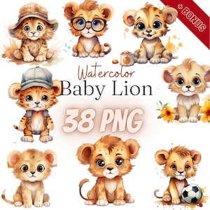 Pacchetto clipart acquerello Baby Lion, PNG, 38 illustrazioni, piccoli leoni, carino, adorabile, 300 dpi, trasparente, digitale, uso commerciale