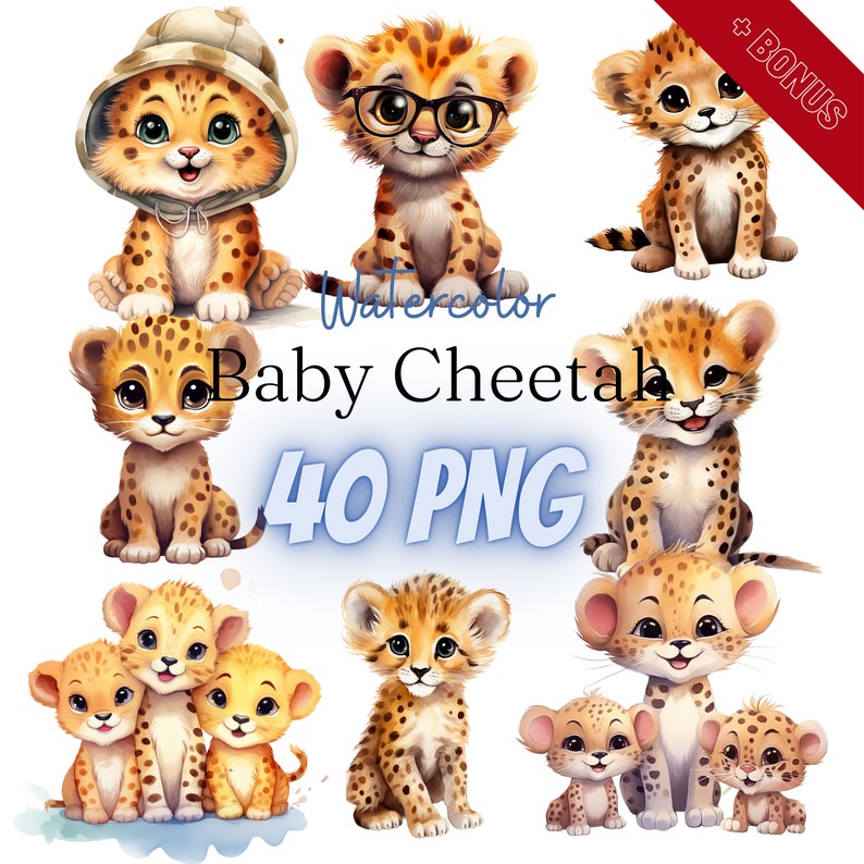 Watercolor Baby Cheetah Cliparts Bundle, PNG, 40 Illustrations, Safari