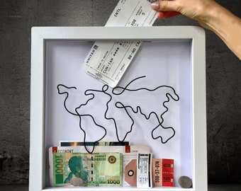 Travel memory box, keepsake box, frame for storing money/tickets/concert tickets, wish frame, holiday fund, adventure money box gift