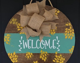 Welcome Door Hanger | Rustic Wood Sign with Burlap Bow