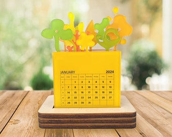 2024 Desk Calendar with Changeable Acrylic Floral Decor – Modern Office Organizer, Artistic Home Decoration, Eco-Friendly Unique Gift Idea