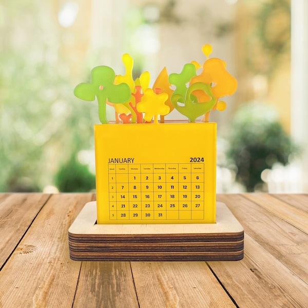 2024 Desk Calendar with Changeable Acrylic Floral Decor – Modern Office Organizer, Artistic Home Decoration, Eco-Friendly Unique Gift Idea