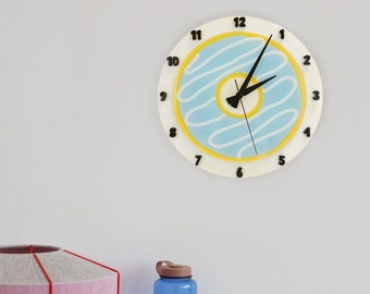 Sky Blue Pop Art Donut Clock - Acrylic & Poplar Plywood- Perfect for Nurseries, Kids' Rooms, and Modern Decor- Unique Wall Clock