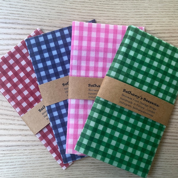 Gingham Beeswax Wrap. Reusable Food Wrap. 25cm x 25cm. Pink. Blue. Green. Red. Gingham.