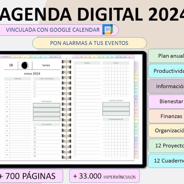 Agenda digital 2024 en español. Agenda para iPad y tablet Android. Agenda horizontal para Goodnotes, Xodo, Notabililty...