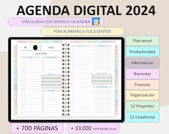 Agenda digital 2024 en español. Agenda para iPad y tablet Android. Agenda horizontal para Goodnotes, Xodo, Notabililty...