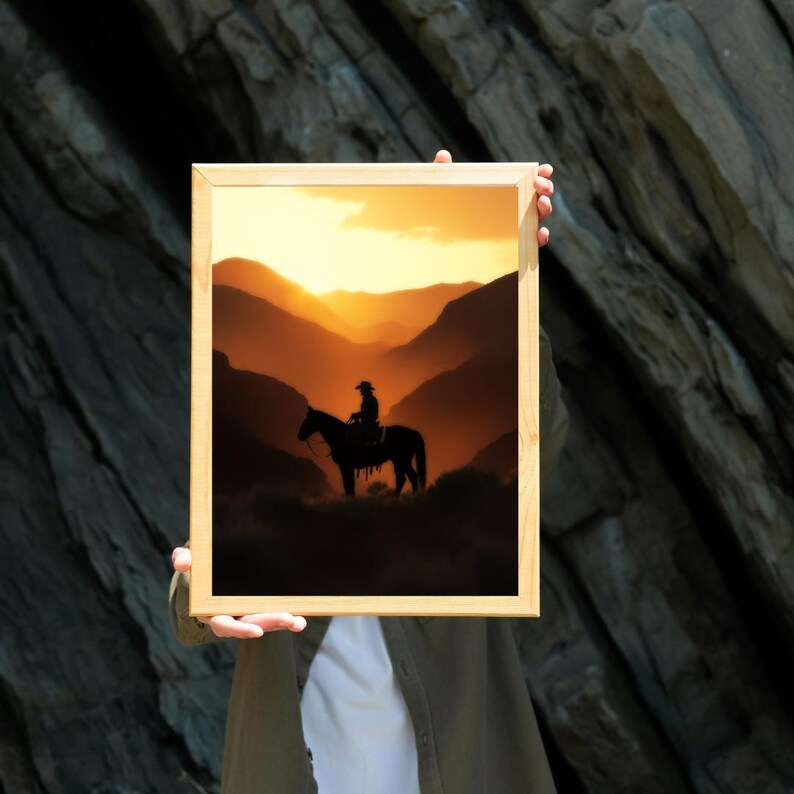 Cowboy Sunset Silhouette Art Print, Western Horseback Rider Wall Decor ...