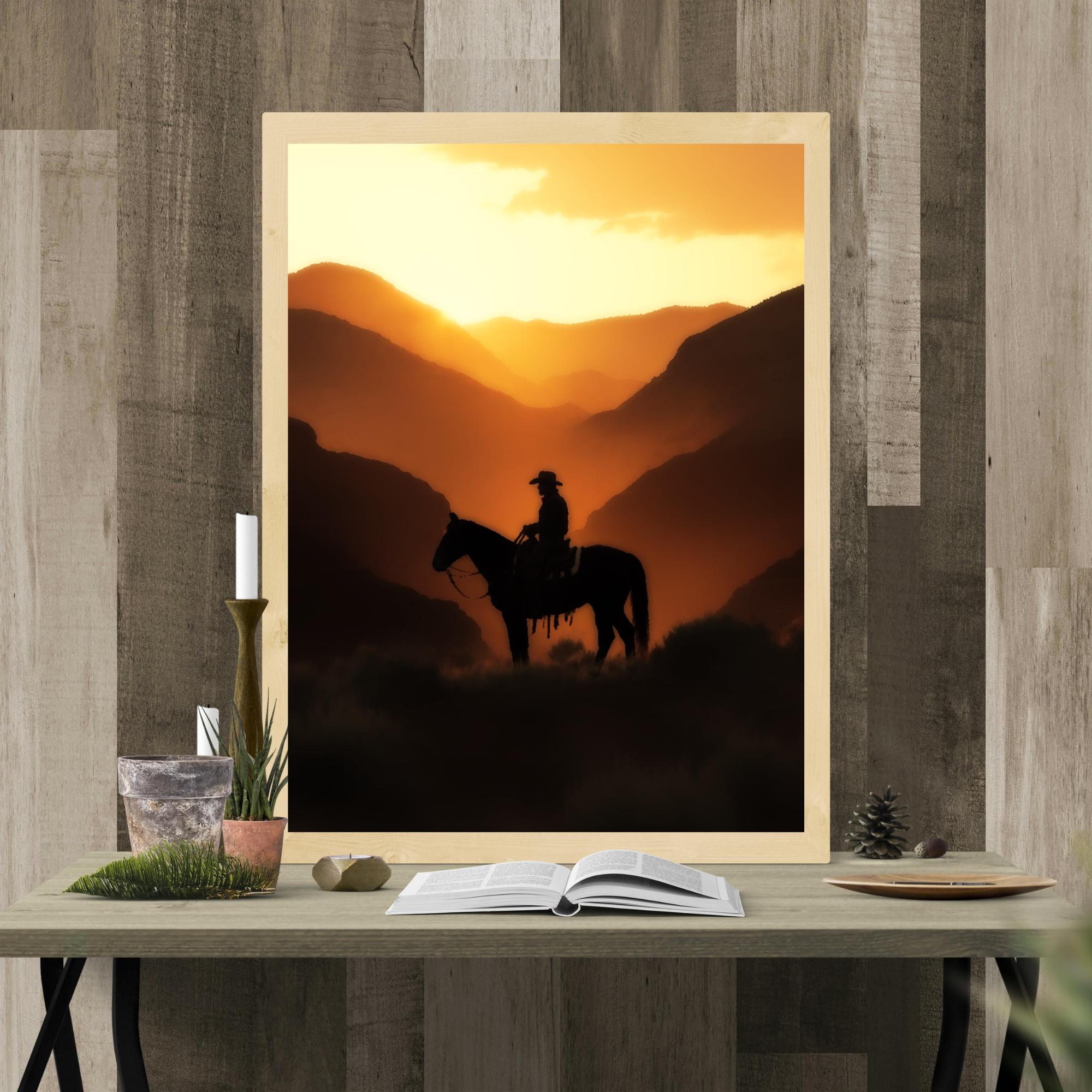 Cowboy Sunset Silhouette Art Print, Western Horseback Rider Wall Decor ...