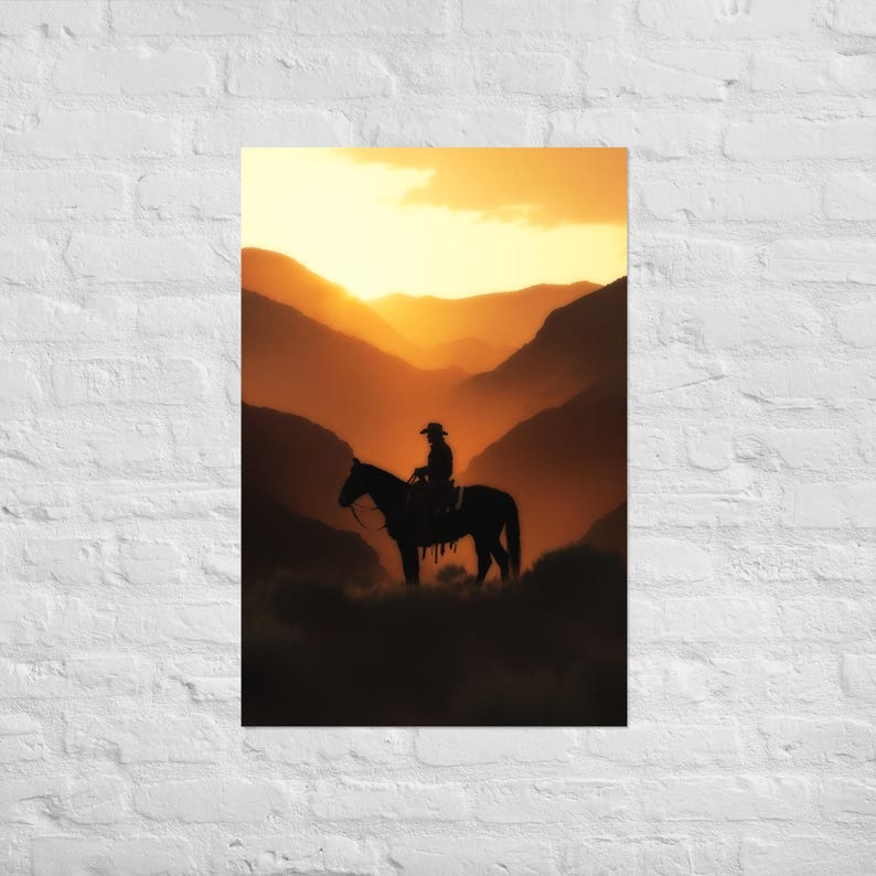 Cowboy Sunset Silhouette Art Print, Western Horseback Rider Wall Decor ...