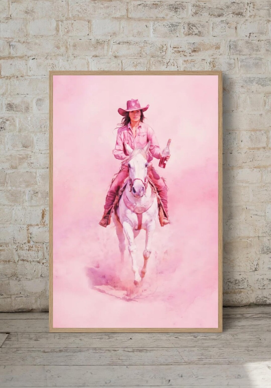 Pink Cowgirl on Horse Wall Art Print - Dreamy Boho Western Watercolor ...