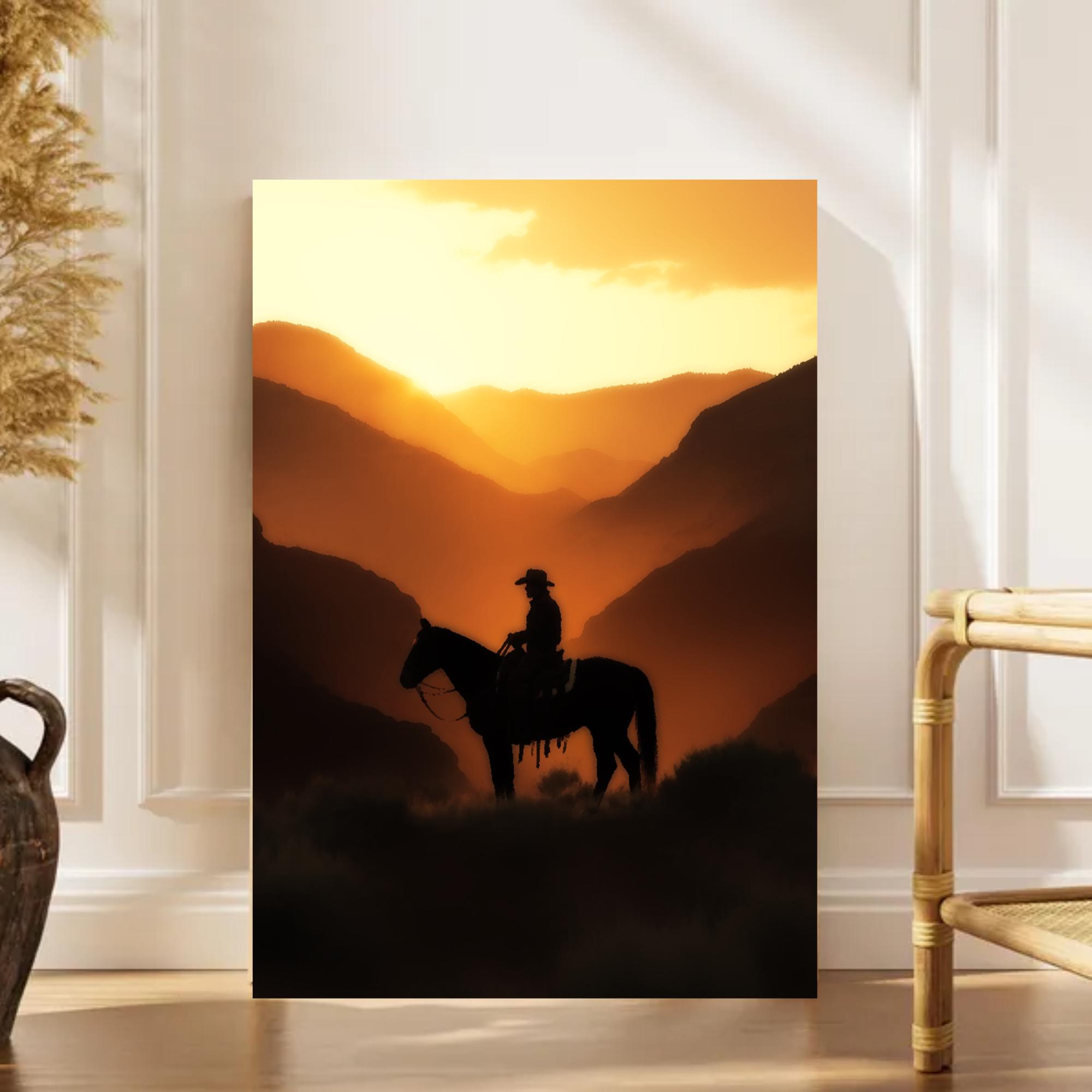 Cowboy Sunset Silhouette Art Print, Western Horseback Rider Wall Decor ...
