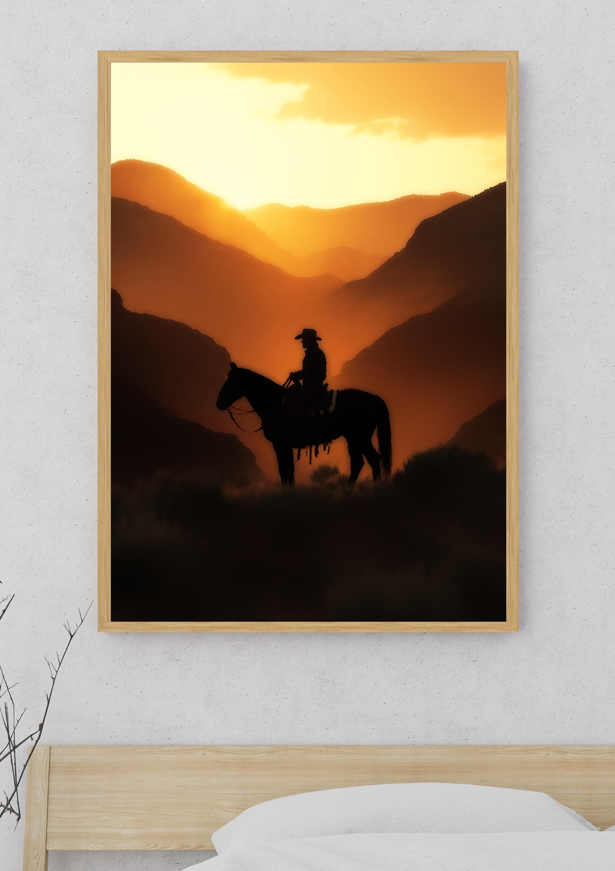 Cowboy Sunset Silhouette Art Print, Western Horseback Rider Wall Decor ...