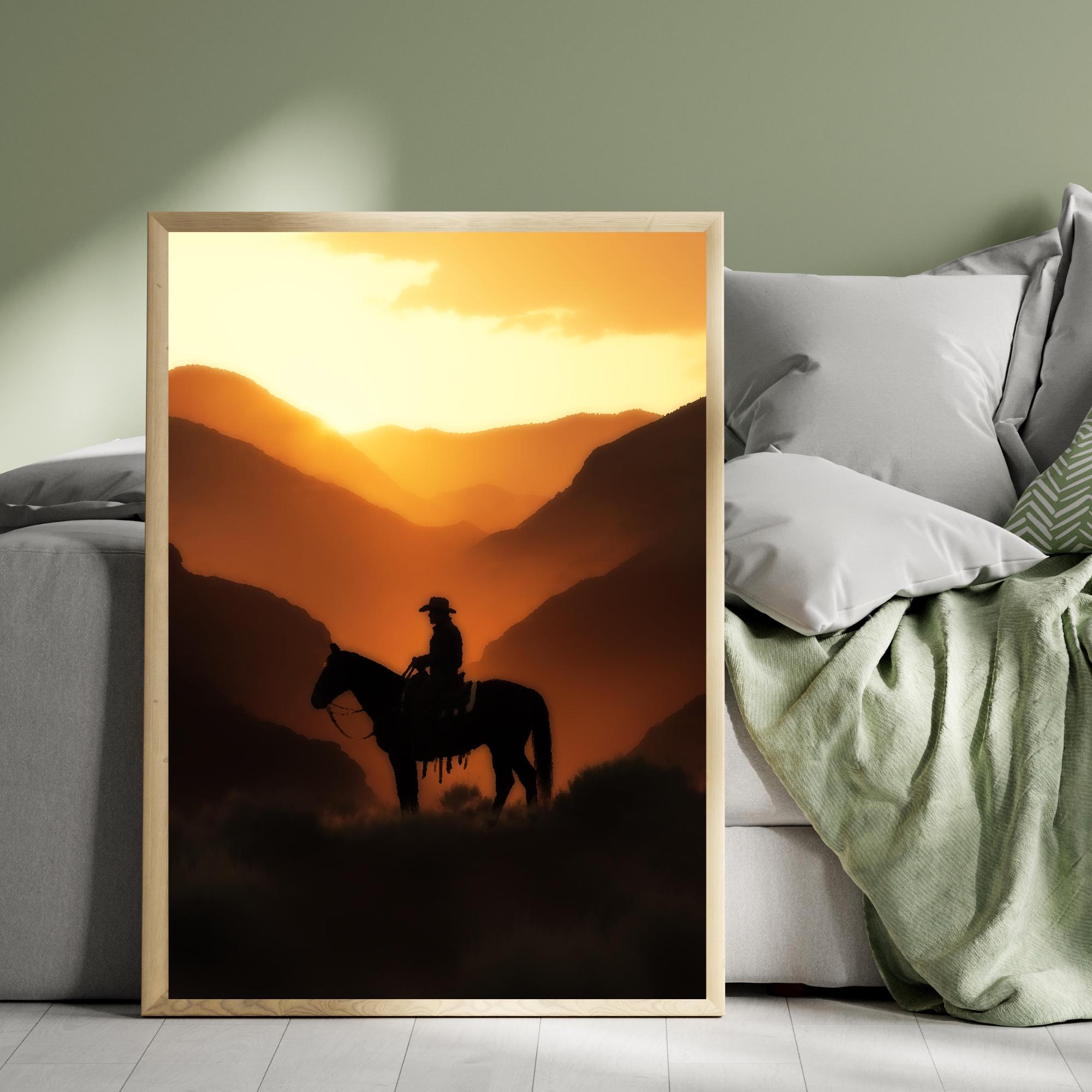 Cowboy Sunset Silhouette Art Print, Western Horseback Rider Wall Decor ...
