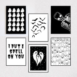 Halloween set of 6 printables, Halloween Gallery Wall, Halloween Decor, Halloween Printable Wall art, ghosts, bats, skeleton