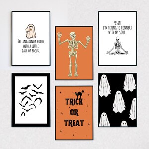 Halloween set of 6 printables, Halloween Gallery Wall, Halloween Decor, Halloween Printable Wall art, ghosts, skeleton, bats, funny