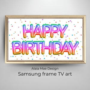 Cornice TV buon compleanno / Cornice TV Samsung Art / Cornice TV con palloncini compleanno arcobaleno / Sfondo coriandoli / Cornice TV per decorazioni per feste di compleanno
