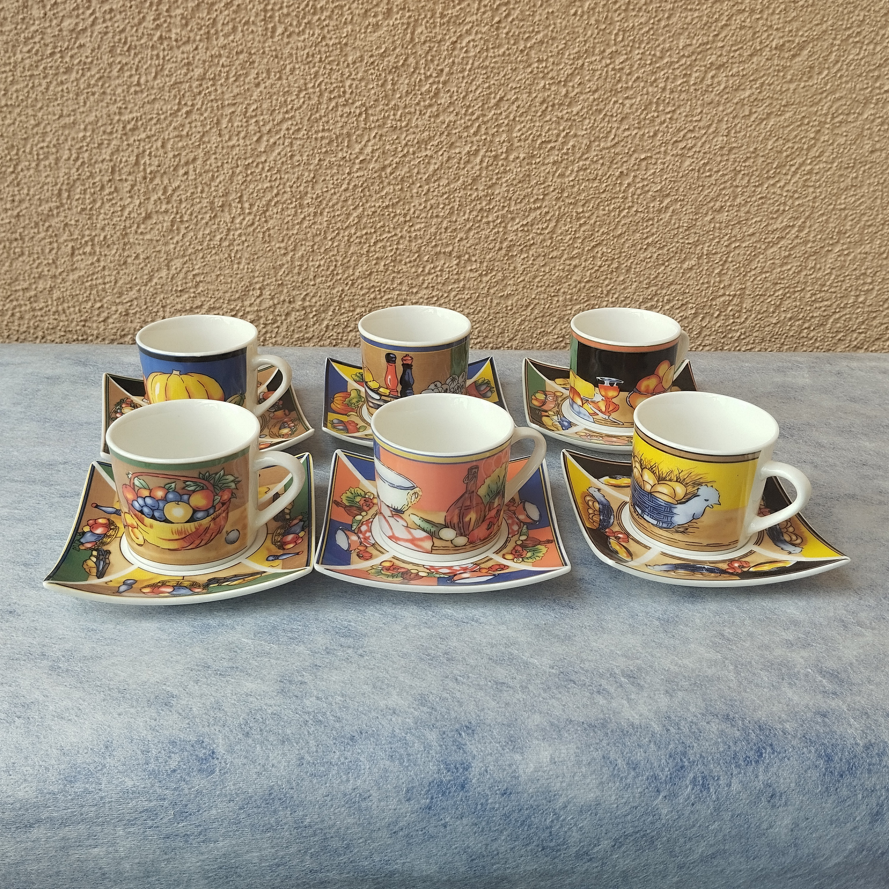 vintage 80er Sets von 6 Germany Bavaria royal Porzellan konigliche Manufaktur Altenkircher Espressotassen+Untertassen Bauernhof Morgentassen