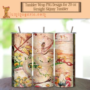 Könnte beinhalten: Ein 20 Unzen Skinny Tumbler Wrap Design mit einer Vintage-Illustration einer Schlange mit einer Biene auf dem Rücken, umgeben von Blumen und Pilzen. Das Design ist in Braun-, Gelb- und Grüntönen gehalten.