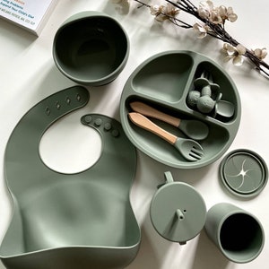 Silicone Baby Weaning Set 10 Piece | Baby Tableware | Toddler Suction Plate | Baby Cutlery | Full Feeding Set | Bib, Bowl, Cup | Baby Gift