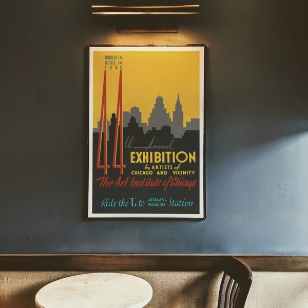 1940 Art Institute of Chicago Event Poster, impression d'affiche WPA, impression d'architecture, John Buczak, affiche publicitaire vintage, art Mid-Century