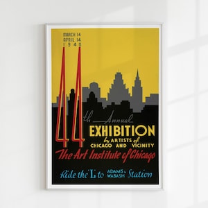 Póster de evento del Art Institute of Chicago de 1940, impresión de póster de la WPA, impresión de arquitectura, John Buczak, póster publicitario vintage, arte de mediados de siglo