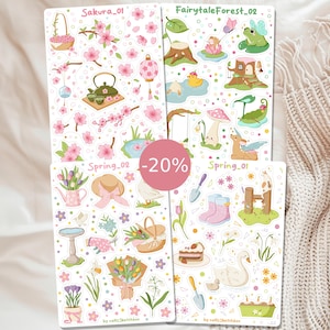 Könnte beinhalten: Vier Stickerbögen mit Frühlings- und Märchenillustrationen. Die Bögen enthalten Bilder von Kirschblüten, einer Teekanne, einem Frosch, einem Pilz, einem Schwan und einem Kuchen. Der Text "Sakura_01", "FairytaleForest_02", "Spring_02" und "Spring_01" ist sichtbar.